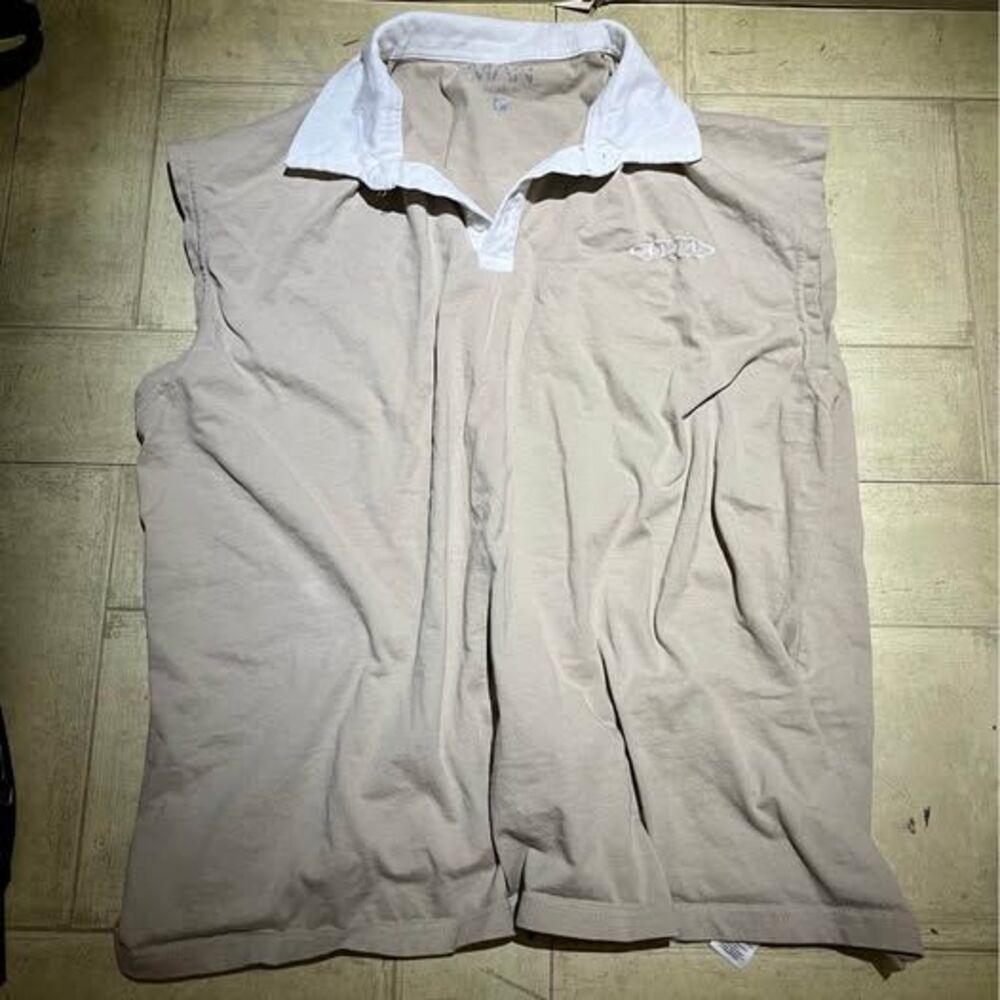 boohooman beige sleeveless polo with white collar and small logo size medium